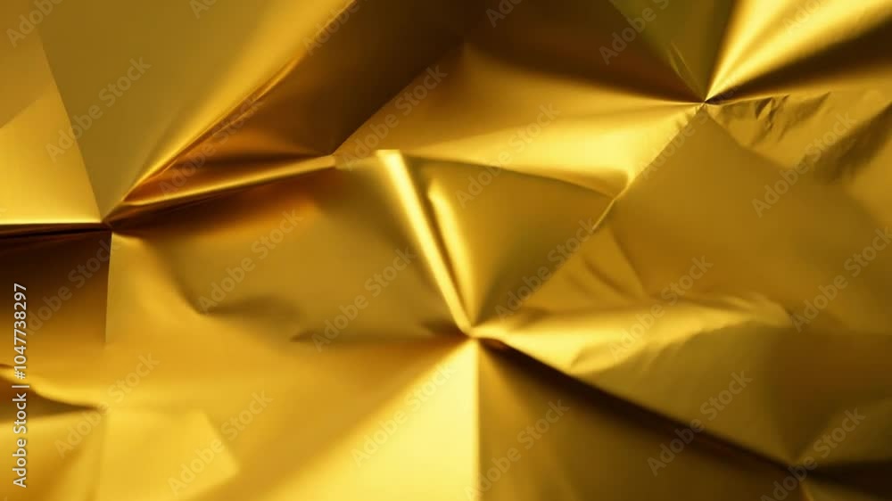 Poster A surface of crumpled golden foil displays dramatic folds and reflections, creating a captivating interplay of light and texture that catches the eye.