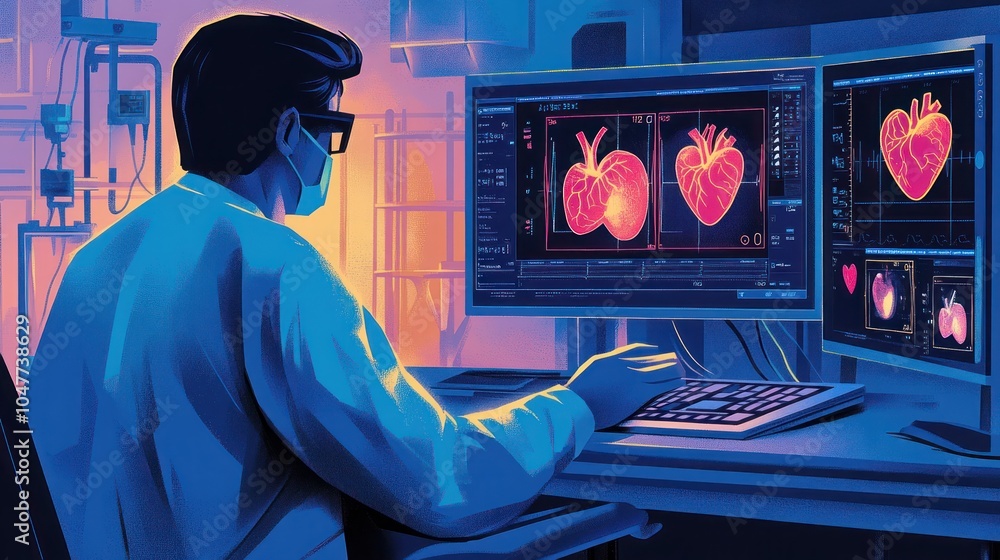 Aufkleber a scientist in a lab coat and face mask works at a computer with 3d models of a human heart on the s