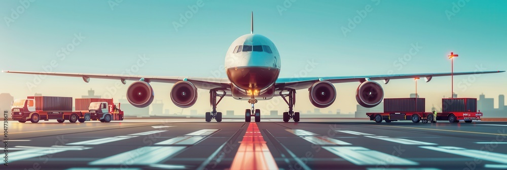 Poster a cargo airplane sits on the runway while loading and unloading equipment is actively working all ar