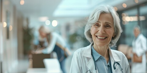 Fototapeta premium Portrait of a joyful senior woman with a smiling healthcare worker and doctor. Emphasizing eye health and the confidence of medical professionals in their roles