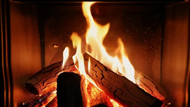 cozy fire crackles arth slowmotion 4K video loop mediumsized flames flickering casting warm glow evoking comfort charm winter evenings holiday gatherings fireplace comfortable november year
