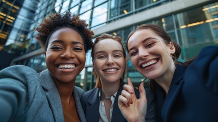 Female entrepreneurs capturing a photo together using a smartphone