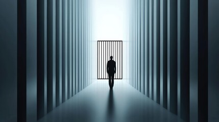 Obraz premium A solitary figure walks toward a bright light at the end of a shadowy corridor, AI