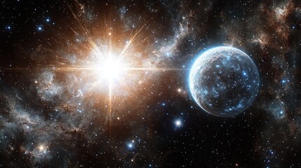 Obraz premium A bright star shines in the night sky with a planet in the foreground.