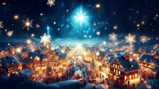 A Christmas Village Shining in the Winter Starry Sky
