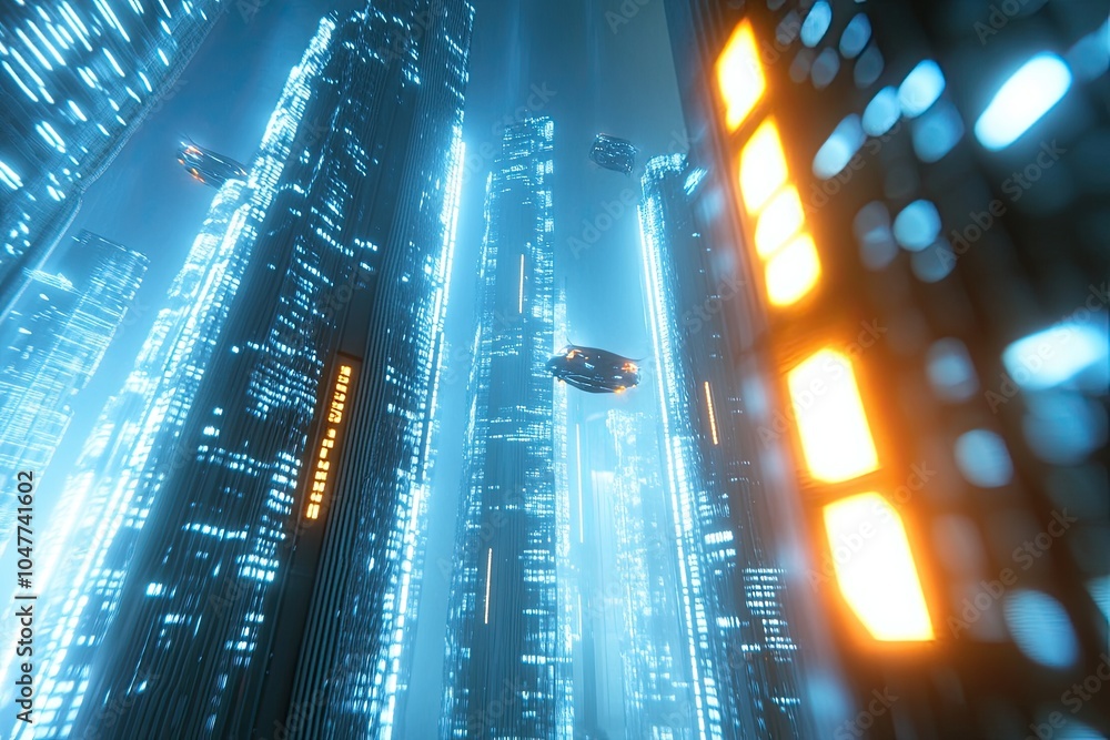 Poster futuristic cityscape illuminated by neon lights with hovering vehicles in a vibrant atmosphere