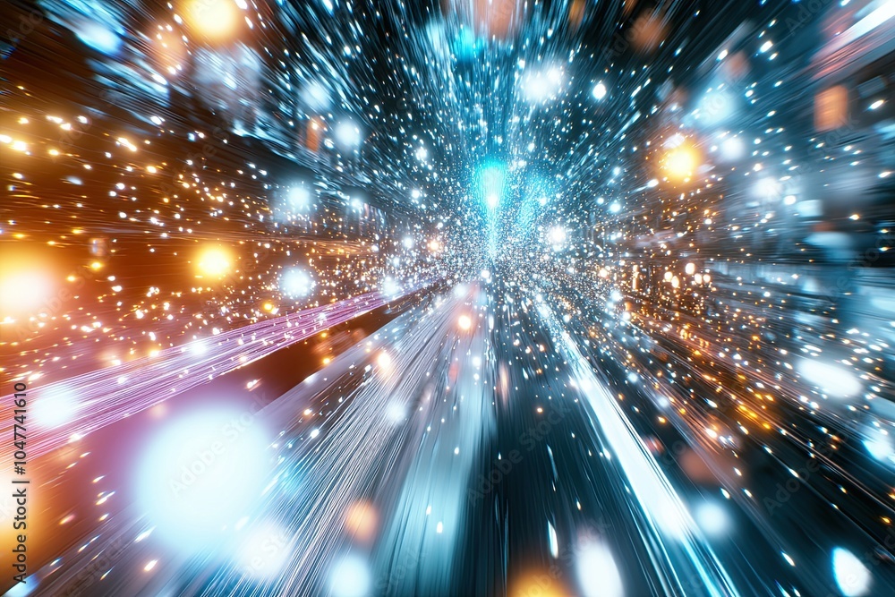 Poster abstract digital burst of light and color, depicting motion and energy in a vibrant space setting