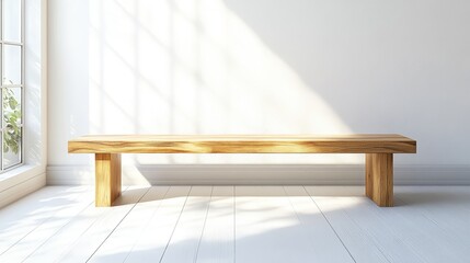 A minimalist wooden bench with clean lines, set in a bright, airy space, illustrating modern design principles in woodworking. 