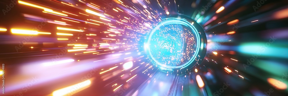 Poster colorful light burst depicting a portal traveling through a cosmic space in a futuristic setting