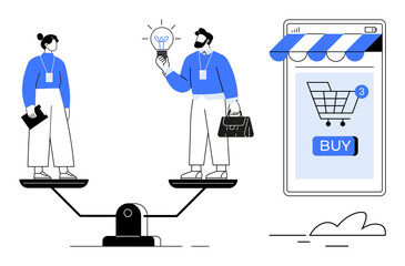 Two individuals stand on a seesaw, one holding a notebook and the other a lightbulb, with a smartphone showing a shopping cart and a buy button. Ideal for business, teamwork, e-commerce, balance