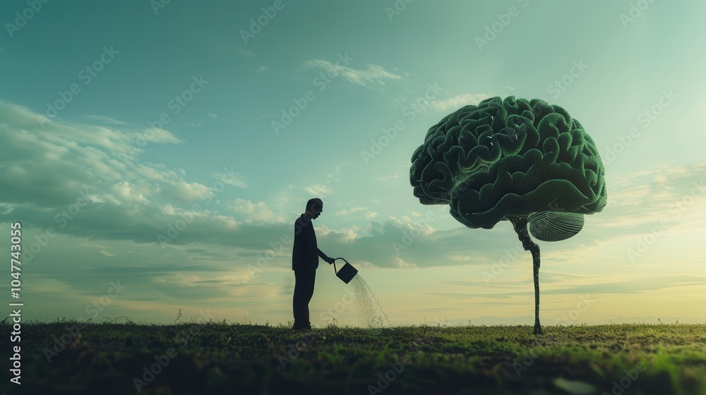 Poster a man silhouette waters a tree designed as a human brain, symbolizing the nurturing of knowledge and