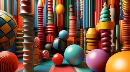 Naklejka premium background from basic shapes cones cubes spheres cylinders toruses colorful