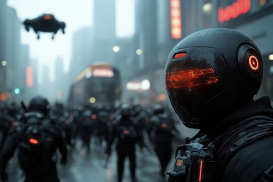 A group of armored soldiers with glowing helmets patrol a city street as drones hover above, showcasing a high-tech, dystopian future atmosphere.