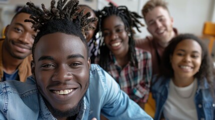 Fototapeta premium Group of diverse employees taking a selfie, showcasing happiness and collaboration in a workplace setting, ideal for social media or profile pictures
