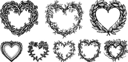 
Ornate vintage heart and rose frame with laurel wreath and floral border in Victorian style.