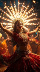 A woman in a red dress is dancing in front of a large golden circle