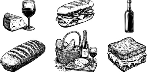 Vintage vector illustration set for a french picnic, Wine glasses, a bottle, baguette, and a croque monsieur sandwich.