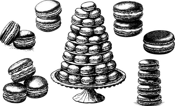 Vintage vector sketch of macaron tower set. French pastry Perfect for bakery, cafe, and dessert icon designs.