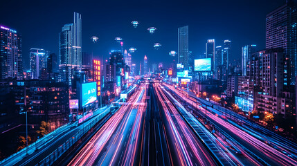 Fototapeta premium Vibrant city skyline at night featuring colorful lights and flying objects