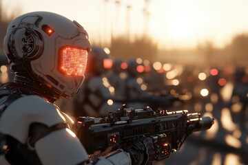 Fototapeta premium Armed robots with bright visor panels line up at a sunset backdrop, suggesting themes of high-tech readiness and preparation for futuristic combat.