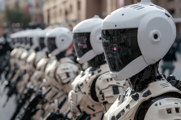 Fototapeta premium A lineup of highly advanced robotic soldiers stand in perfect formation, showcasing futuristic military technology and precision in an urban environment, ready for deployment.