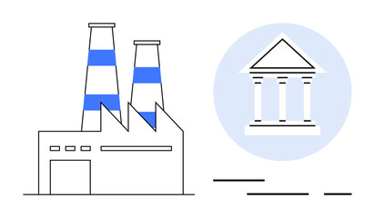 Factory alongside a classical government building icon within a blue circle Ideal for, themes of industry government regulation economy infrastructure corporate governance and public policies