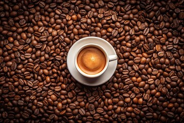 Fototapeta premium Symmetrical coffee beans frame white cup frothy coffee rich aroma warmth
