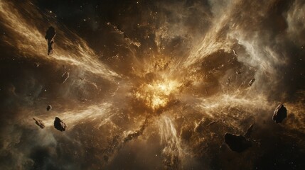 Obraz premium A glowing yellow nebula with swirling clouds of gas and dust, and large asteroids in the foreground.