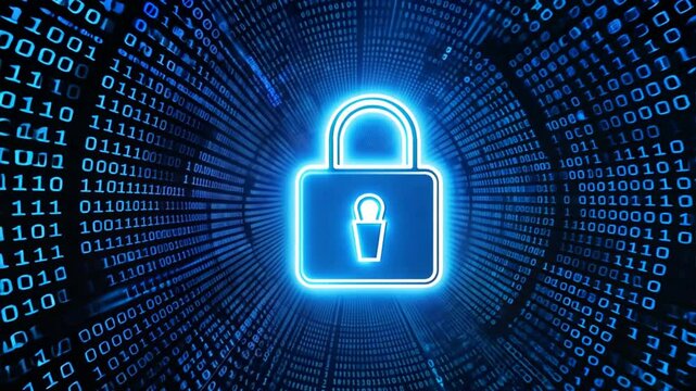 Glowing padlock in binary code tunnel, cybersecurity, authentication