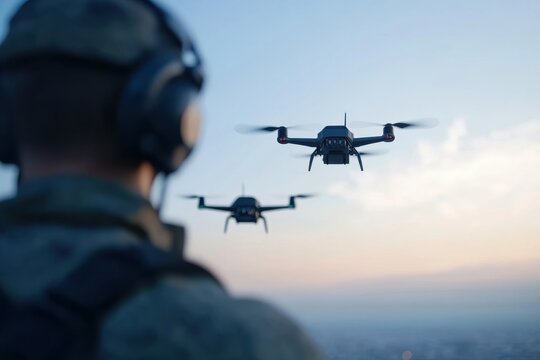A soldier with headphones observes two small drones hovering in the clear evening sky, representing surveillance and advanced communication technology usage.