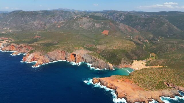 Aerial view on Cala Domestica Beach and landscape around. Sardinia, Italy