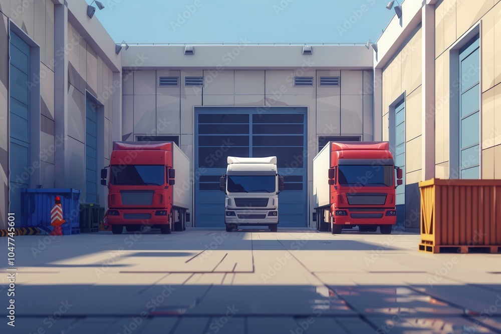 Poster multiple trucks and vans are parked at a warehouse loading dock, waiting for cargo to be loaded duri