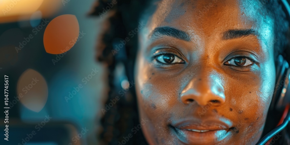 Aufkleber closeup of a female consultant working in a call center, engaging in customer support through a comp