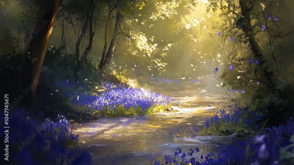 Poster Sunbeams illuminate a path through a lush forest with a stream flowing through a carpet of bluebells.
