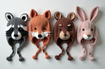 Fototapeta premium Cute warm knitted animal hats in calm colors with animal muzzles on it: racoon, fox, bear and rabbit, flatlay top view