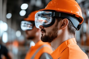 An engineer in orange gear inspects a construction site using augmented reality glasses, highlighting technological advancement and precision in modern engineering.