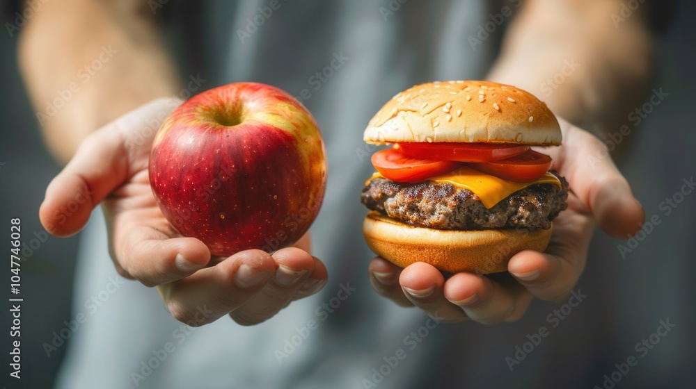 Poster a person holds an apple in one hand and a hamburger in the other, illustrating the contrast between 