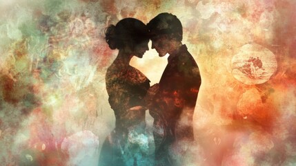 Silhouetted couple embraces in a dreamy, colorful abstract background, AI