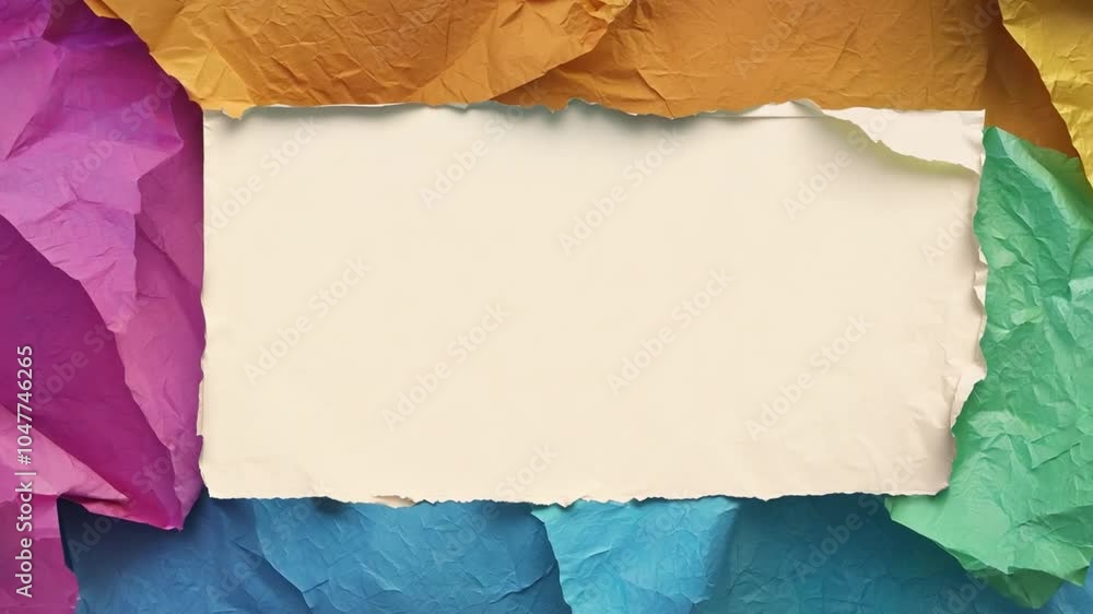 Poster a vibrant collection of crumpled colored paper surrounds a blank torn sheet, providing a playful bac
