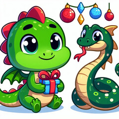 Fototapeta premium Snake and dragon with Christmas decor.