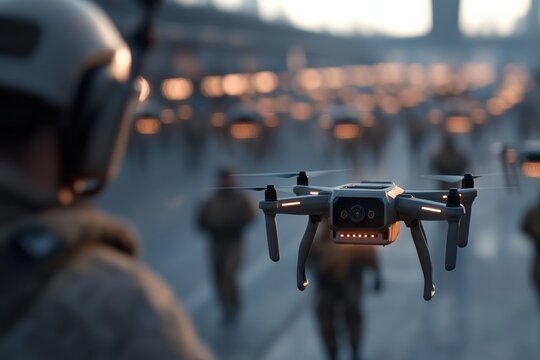 Military personnel equipped with a headset observes numerous drones in the field, highlighting tactical advancements in military technology and surveillance.