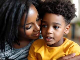 A mother embraces her young son, sharing a tender and affectionate moment filled with warmth and love, capturing the essence of family bonding and closeness.