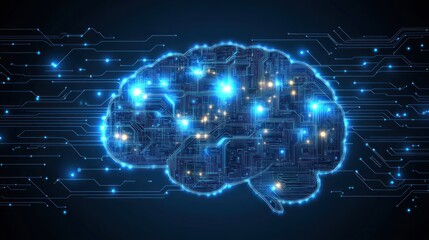 A digital representation of a human brain, composed of circuitry and glowing nodes, representing artificial intelligence and technology.