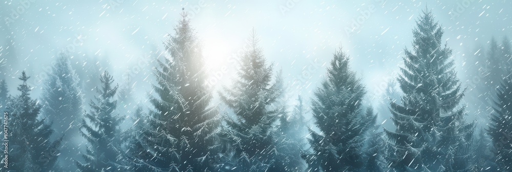 Poster tall pine trees stand covered in fresh snow, as soft flakes continue to fall on a tranquil winter mo