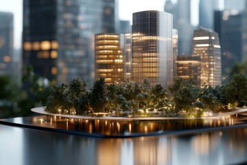 Fototapeta premium Nighttime panoramic view of a futuristic city with skyscrapers and lush parks brilliantly illuminated, capturing modern architecture and urban tranquility.