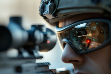 A soldier is using a highly advanced digital scope, reflecting tactical data and red indicators, focused intently on a distant target in a military setting.