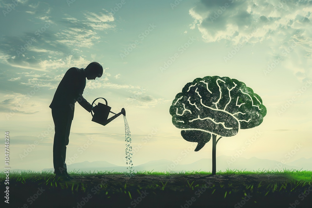 Aufkleber A man in silhouette waters a tree formed like a brain, representing the nurturing of creativity and knowledge at dusk. Generative AI