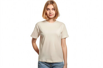 Fototapeta premium A young Caucasian female model poses confidently in a simple beige t-shirt and blue jeans against a clean white background.