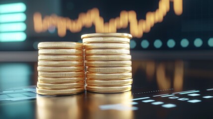 The stack of coins with trading price graph growth is a money business financial graph diagram of the coin. This is a financial growth data or investment analysis that shows an overall profit bar and