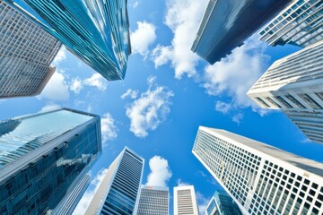 Fototapeta premium Business area with a high building and a cloudy blue sky